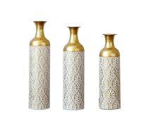 Jarrones de suelo 3 piezas 50/66/83 cm - decorativos de metal con diseño floral, estilo vintage para salón, recibidor y oficina - dorado y blanco