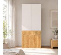 Jaxenor Armario con 1 barra y 4 puertas, roble claro+gris | Moderno armario multiusos con cajones, para dormitorio, pasillo y habitación infantil, 90 x 50 x 200 cm
