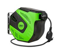 JBM 53586 Carrete de cable eléctrico de 21M - VERDE. Con repartidor. Bloqueador de cable. Con diferencial de protección de sobrecarga. Largo de cable: 20+1m.