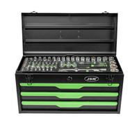 JBM 54261 Caja de herramientas metálica 143 piezas Cincado CrV vasos carracas llaves CrV1/4 1/2 Taller Moto Coche