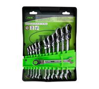 JBM - Set de 12 llaves combinadas articuladas con trinquete 51318, diseño 0° a 180°, arco de giro de 5°, para mecánica y taller profesional, acero cromado resistente