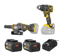 JCB JCB-18PKIT-4 - Juego de herramientas de batería profesional (18 V, para taller y construcción metálica, atornillador de 75 Nm, amoladora angular de 125 mm, 2 x 5 Ah, cargador y bolsa)