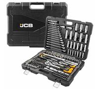 JCB Juego de llaves de vaso y herramientas de 218 piezas, 3/8 pulgadas, 1/4 pulgadas y 1/2 pulgadas, brocas, llaves y accesorios para varios fines mecánicos y de mantenimiento de alta resistencia