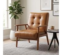 JCFEIDQW Sillón de lectura de piel auténtica con reposabrazos de nogal y patas de madera de caucho, para salón, dormitorio, color marrón claro