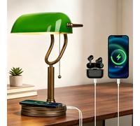 JCPYIUL Lámpara de escritorio de cristal verde, Lámpara de mesa retro con cargador inalámbrico USB, Lámpara de cabecera con función de carga Interruptor de cadena de tracción de latón metálico antiguo