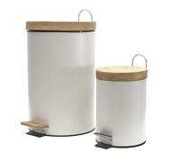 JECHERCHE UNE IDÉE - ME0029, Set de 2 Cubos de Basura con Pedal Metal y Bambú Blanco, Elegante Cubo de Pedal 3L en Metal y Bambú, Reciclaje Fácil, Fácil de Usar y Mantener, Versátil
