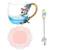 JECOMPRIS Vaso de Vidrio Esmaltado Decorativo con Mariposas y Flores 3d | Estilo Vintage Europeo Clásico, Apto para Té o Agua, Incluye Cuchara, Paño y Posavasos Estilo Aleatorio