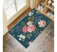 JEDTAKCT 40X60Cm Felpudo Entrada Interior Antideslizante Flores Rurales Pájaros, Peonía Retro Planta Alfombra De Microfibra Suave Lavable con Base De TPR para Cocina Puerta Mascotas, Cian Oscuro