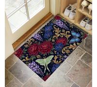 JEDTAKCT 60X90Cm Felpudo Entrada Interior Antideslizante Flores Lujosas Polillas, Rosas Antiguas Glicinias Alfombra De Microfibra Suave Lavable con Base De TPR para Cocina Puerta Mascotas, Negro