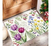 JEDTAKCT Felpudo Antideslizante Lavable Flores De Acuarela De Primavera Crema | Alfombrilla Absorbente con Tulipanes Lirios Bayas, Alfombras De Puerta para Interior Entrada Decoración, 90X150Cm