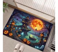 JEDTAKCT Felpudo De Bienvenida Lavable con Paisaje Lunar De Halloween | Alfombra De Antideslizante Absorbente Castillo Gótico Calabaza, Cian Oscuro Felpudo Entrada para Porche Interior, 45X75Cm