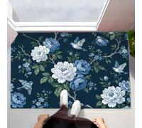 JEDTAKCT Felpudo Entrada Casa 40X60Cm, Alfombra Antideslizante con Pájaro Flor Tradicional Chino Plantas Exuberantes Felpudo Suaves Absorbentes Interior para Perro Cocina Puerta Pasillo, Cian