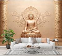 JEDTAKCT Fotomurales Escultura Zen De Lujo Papel Pintado Tejido No Tejido Moderna | Columna En Relieve De Loto Fotográfico Decoración De Pared Cuarto Oficina Salón Oro Papel Pintado 400X280Cm