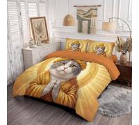 JEDTAKCT Juego De Edredón Reversible Estatua De Gato Zen, Oro Relleno De Poliéster Ligero Suave, Juego De Ropa De Cama Nórdica Fundas Retratos Divertidos De Animales Todas Las Estaciones, 260X240Cm