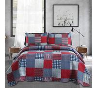 Jessy Home Colcha Reversible Ligera de Retazos para Hombre con 2 Fundas de Almohada, Color Rojo y Azul