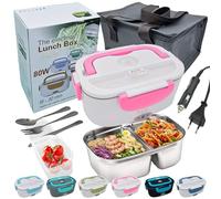 JessyLine Fiambrera eléctrica portátil alegre mujer 80W 12V/24V/220V Coche Trabajo Oficina Calienta comida rápido sin microondas Taper Bandeja dividida Acero inoxidable 1,5L Blanca y rosada