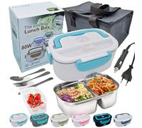 JessyLine Fiambrera eléctrica portátil clara juvenil 80W 12V/24V/220V Coche Camión Oficina Calienta comida rápido sin microondas tartera envase acero inoxidable 1,5L bandeja dividida Blanca Azul claro