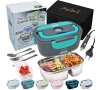 JessyLine Fiambrera eléctrica portátil moderna y versátil 80W 12V/24V/220V Coche camión y Oficina Calienta comida sin microondas lonchera contenedor acero inoxidable 1,5L Dos divisiones Gris turquesa