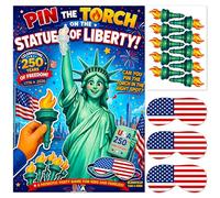 Jester Fiesta Pin the Torch on the Statue of Liberty USA 250th Anniversary Party Game - Póster patriótico A1 con 27 calcomanías numeradas de antorcha, 3 vendas para los ojos de Estados Unidos y Día de
