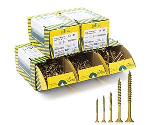 Jet-Fast - Juego de tornillos universales para aglomerado, cabezal de pesebre doble, tiras multi Konkav, accionamiento TX, tornillos para madera, punta autoperforante, galvanizado amarillo, 1400
