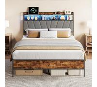 JiaOyu Cama de 140 x 200 cm con somier de láminas de metal, estructura de cama de 140 x 200 cm con iluminación LED y puerto de carga USB, cama de metal, cama doble juvenil con espacio de