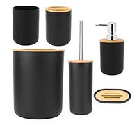 Jiawu Juego de Accesorios de Baño 6 Piezas Caja de Soporte para Cepillo de Dientes Taza de Enjuague Botella de Loción Bote de Basura Cepillo de Inodoro PP Bambú A Prueba de Caídas Resina Resistente