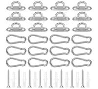 JIEHIN 12 Piezas Placa de Ojo de Acero Inoxidable M5 con Ojal y Mosquetón, Anclaje Pared y Gancho Techo para Toldos, Hamacas, Sillas Colgantes - Incluye Tornillos y Tacos de Plástico
