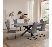JIEXI Grupos de comedor para 4-6 personas, mesa de comedor extensible, moderna mesa de madera MDF gris, adecuada para salón, cocina, reuniones con muchas personas (mesa de 130-170 cm + 6 sillas grises