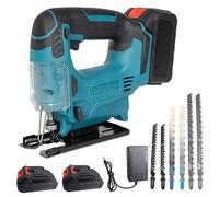 JIMACRO 3 Velocidades Sierra de Calar, Inglete ± 45° Sierra de Calar Eléctrica con 2 * 1500mAh Batería, 6 Hojas de Sierra, Caladoras Madera para Cortar Metal Madera Plástico (con batería)