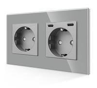JIMEIDA Enchufe de doble toma de corriente de cristal con USB C de carga rápida de 20W, color gris, tomas Schuko, dos puertos tipo C, empotrable de 157 mm, 16A 250V