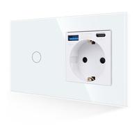 JIMEIDA Toma USB 20W con interruptor de luz en color blanco, Toma Schuko de empotrar 3 en 1 cristal 16A con 1 cargador USB y 1 puerto Tipo C, interruptor de pared táctil 1 vía 1 pin con LED de estado