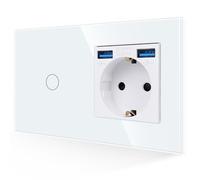 JIMEIDA Toma USB con interruptor de luz en blanco, Toma Schuko 3 en 1 de cristal de empotrar 16A con 2 cargadores USB (2.1A), interruptor de pared táctil de 1 vía 1 pin con LED de estado, 86mm*157mm