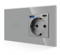 JIMEIDA Toma USB con interruptor de luz en color gris, Toma Schuko de empotrar 3 en 1 cristal 16A con 1 cargador USB y 1 puerto Tipo C, interruptor de pared táctil de 1 vía 1 pin con LED de estado