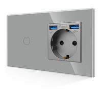 JIMEIDA Toma USB con interruptor de luz en gris, Toma Schuko 3 en 1 de cristal de 16A de empotrar con 2 cargadores USB (2.1A), interruptor de pared táctil de 1 vía 1 pin con LED de estado, 86mm*157mm