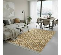 Jimri Alfombra de Pasillo - alfombras para salón, Dormitorio, Cocina, habitación Infantil, baño - Alfombra Boho Kelim - Trio-Gold White, 140 x 200 cm