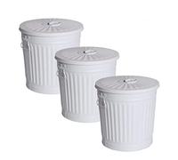 Jinfa 3 Cubos metalicos cenizas cubo basura exterior jardin con asas y tapa | Blanco | Ø 42 cm, altura 47,5 cm, 62 litros