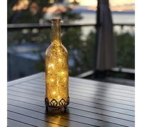 Jinfa | Farol de vidrio con luces LED para exterior | Farolillo para exteriores, interiores, centros de mesa, sin llama | Color dorado | Forma de botella