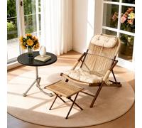 JISADER Tumbona Plegable Jardín, Silla Reclinable con Reposapiés y Cojín, Estructura Metálica para Balcón, Terraza, 1 Recliner + Footrest + Black Desktop Coffee Table (Free Headrest and Cushion)