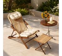 JISADER Tumbona Plegable Jardín, Silla Reclinable con Reposapiés y Cojín, Estructura Metálica para Balcón, Terraza, 1 Recliner + Footrest + Walnut Coffee Table (Free Headrest, Cushion)