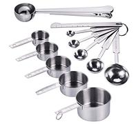 JIZZU 12Pcs Juego Cucharas Medidoras de Metal con Regla de Medición&Clip y Tazas Medidoras de Acero Inoxidable para Hornear, Vaso Medidor Cocina, Medir Porciones con Escala Precisa de 0.3ml a 250ml