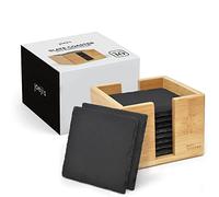 Joeji's Kitchen Juego de 10 Posavasos para Bebidas - Posavasos Resistente al Calor - Elegantes Platos Pizarra Negra con Soporte Bambú - Plato Pizarra Multiuso para Bebidas, Aceite, jarrones y más