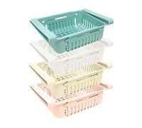 joeji's Kitchen Juego de 4 Organizadores Nevera, Cajas de Almacenamiento Deslizantes para Frigorífico, Tamaño 20x16x7 cm (28x16x7 cm Abierto), Soporta hasta 300g, Colores Azul Blanco Rosa Beige