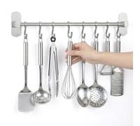 joeji's Kitchen Soporte Utensilios Cocina Adhesivo 40 cm - Barra Colgador Utensilios Cocina con 8 ganchos de Móviles - Porta Utensilios que ahorra espacio, cuelga tazas cocina - Plateado