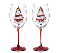 Joeyan 580ml Copas de Vino Tinto Cristal de Navidad con Pie, Juego de 2 | Copas con Diseño Pintado a Mano con Patrón de árbol de Navidad Rojo y Copos de Nieve, Vajillas para Fiestas y Regalos