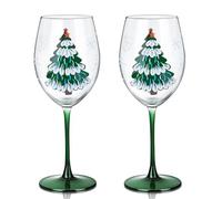 Joeyan 580ml Copas de Vino Tinto Cristal de Navidad con Tallo, Juego de 2 | Copas con Diseño Pintado a Mano con Patrón de árbol de Navidad Verde y Copos de Nieve, Vajillas para Fiestas y Regalos