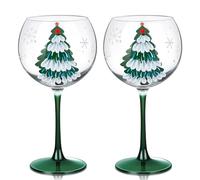 Joeyan 580ml Grandes Copas de Vino Tinto Cristal de Navidad,Juego de 2 | Copas Balón con Tallo para Borgoña y Gin Tonic,Acabado Diseño Pintado a Mano-Árbol Verde & Copos,Regalo de Fiestas y Navidad