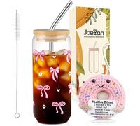 Joeyan Regalos Originales para Mujer,600ml Vasos Lazo de Cristal con Tapa y Pajita & Dona Decorativa Rosa Tejida a Mano, Regali Cumpleanos para Mejores Amigas, Hermanas, Adolescentes,Compañeros,Pareja