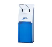 Jofel - AC12000, Dosificador de Codo con Palanca de Acero Inox, para Jabón en Gel, con Depósito Rellenable de 500 ml, Fabricado en ABS, Color Blanco y Visor Azul