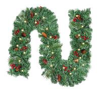 JOFONY Guirnalda de Navidad con iluminación decorativa, 50 ledes, 2,7 m, guirnalda de abeto, batería, luz blanca cálida, guirnalda de luces con piñas, bayas, guirnalda de Navidad, decoración navideña