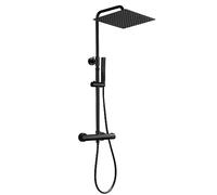 JOHO Columna de Ducha Acero Inoxidable con Grifo Thermostato, Set Ducha con Barra Altura Adjustable con Ducha Mano Alcachofa y Cabezal Rociador Lluvia 30x30cm, Negro